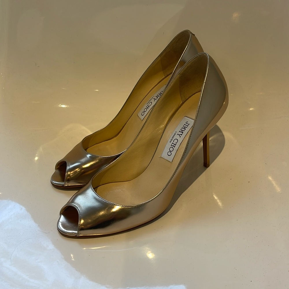 Jimmy Choo Metallic Gold Peep-Toe Pumps